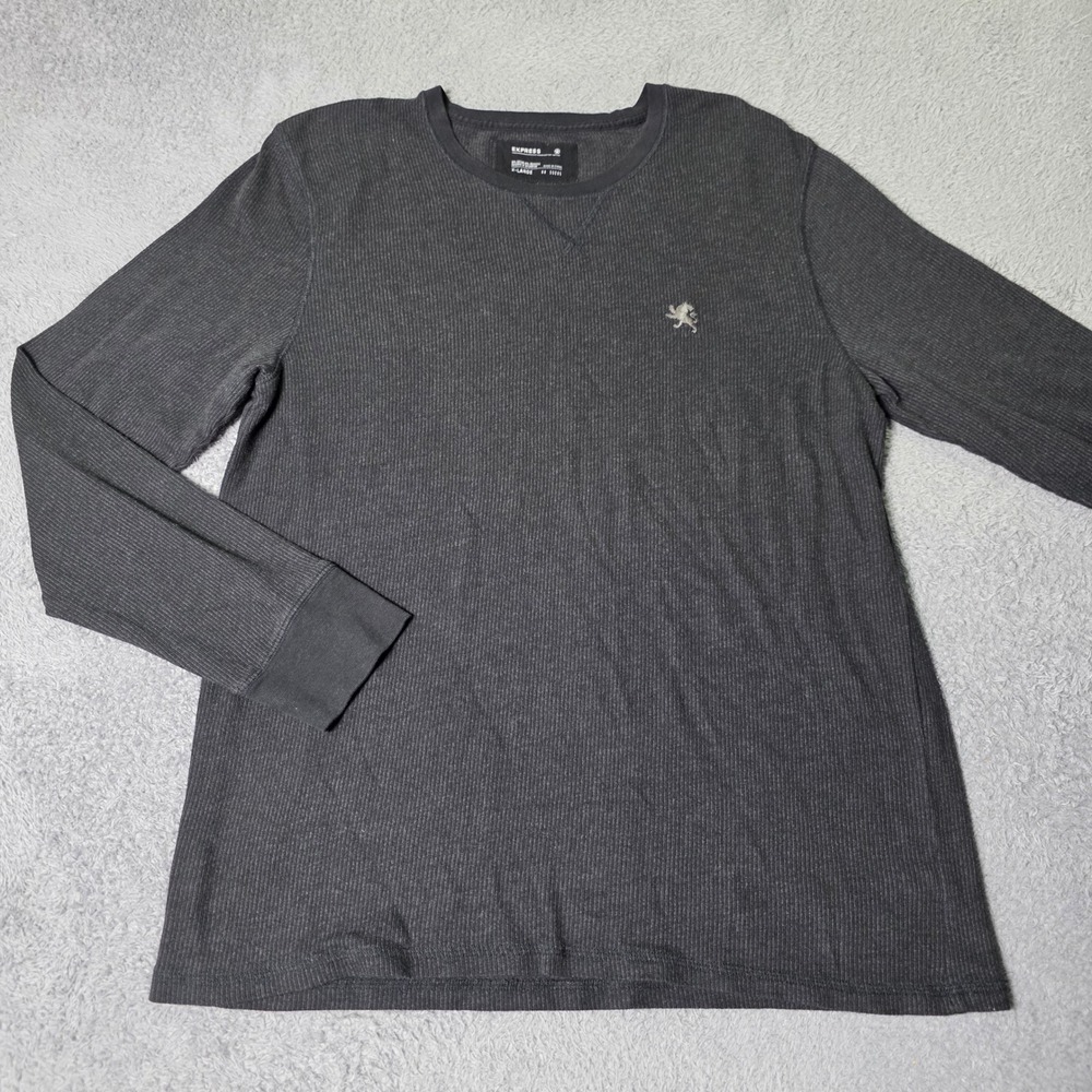 Express Mens XL Thermal Shirt Gray Waffle Knit Long Sleeve Logo RN 55285